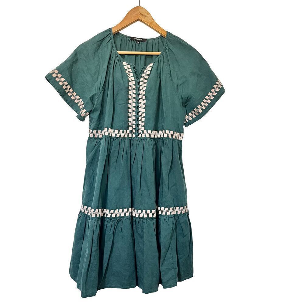 Madewell Embroidered Linen oFlutter Sleeve Mini‎ Dress Size S Evergreen Forest